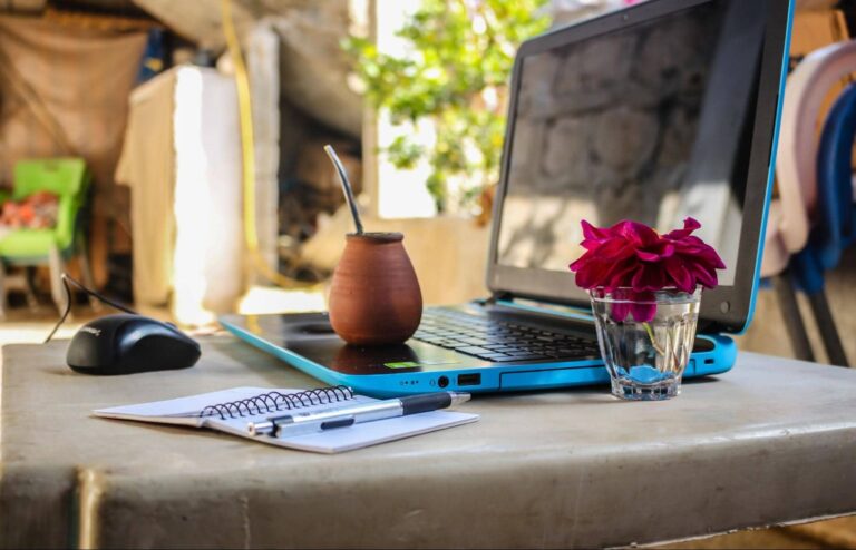 A laptop sits outside surrounded by tropical decor