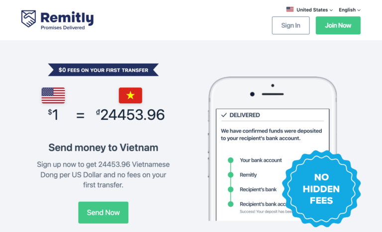 Remitly's website quotes an attractive exchange rate and advertises a fee-free first transfer for new customers