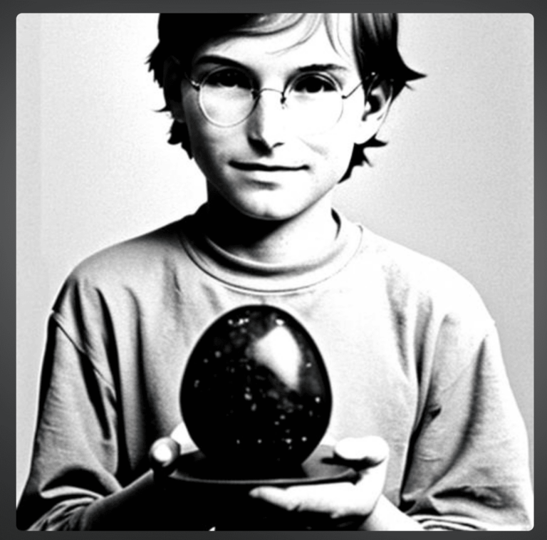 Young Steve Jobs compares rock tumblers to software development. AI-generated image